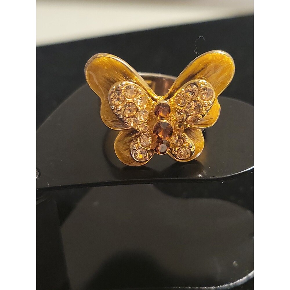 Brown & Gold Enamel And Rhinestone Adjustable Butterfly Ring- Signed E.P